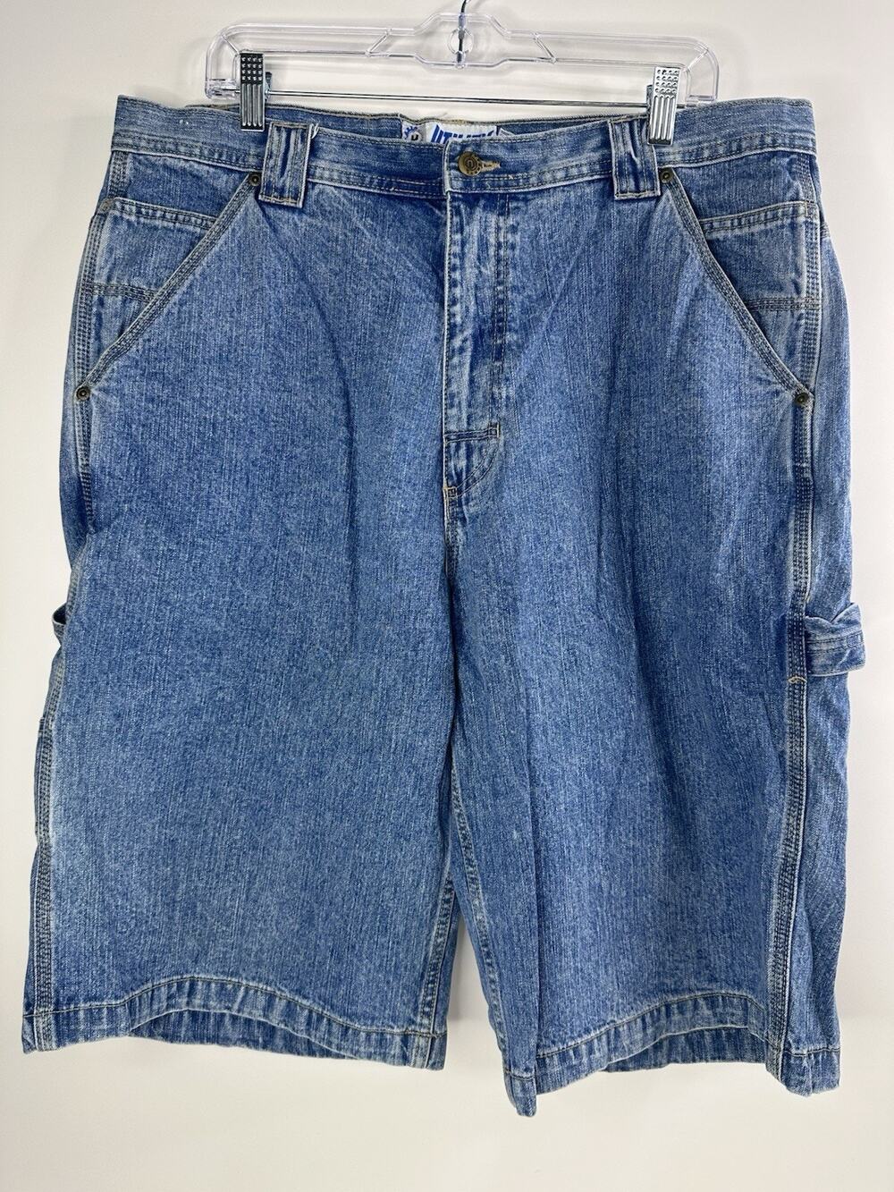 Utility Mens Blue Denim Carpenter Baggy Grunge Punk Skater Y2k Shorts 38 Rugged